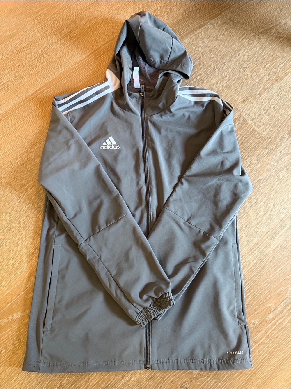 New adidas Gray Hooded Windbreaker with White Three-Stripes